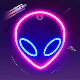 1pc Alien Shape LED Neon Sign, USB & Battery Powered Novelty Neon Mini Night Light, Novelty Wall Lamp With 1pc Hook For Bedroom Kids Room Party Home W (Color: Inner Blue And Outer Powder)