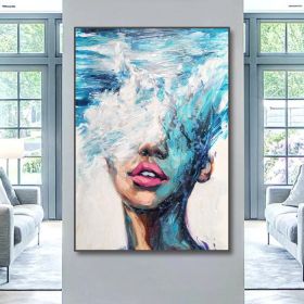 Hand Painted Oil Painting Abstract Portrait Wall Art Hand painted-Nordic Light Blue Girl Oil Paintings On Canvas-Hand Made-For Home Decoration (Style: 1, size: 60X90cm)